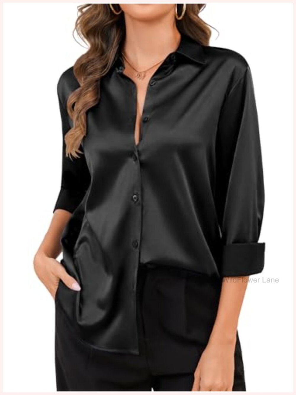 BBIBBI Satin Silk Button Down Blouse Long Sleeve V-Neck Business Casual Top